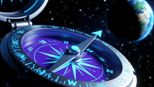 A strategic Sustainable finance reporting compass navigates through cosmic data, symbolizing future financial direction and global sustainability goals.