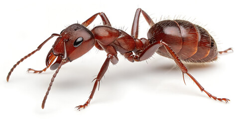 A macro close-up of a small black and red Formica rufa worker ant isolated on a white background shows the insect's antenna, leg, and jaw in detailed nature fauna photography