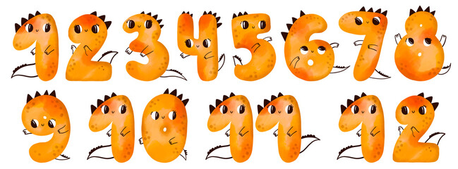 Obraz premium Cute Dinosaur Numbers 1-12 Watercolor Illustration Set. Hand Painted Kids Counting Collection Perfect For Nursery Wall Decor Birthday Designs Classroom Posters Monthly Cards And Educational Prints.