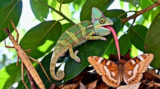 Chameleon stick insect and butterfly on leaf