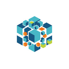 Obraz premium Abstract geometric composition of interconnected blue, teal, and orange cubes forming a larger hexagonal structure.