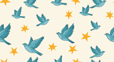 Fototapeta premium Whimsical seamless pattern depicting blue birds in flight surrounded by golden stars against a soft beige background for a dreamy atmosphere.