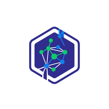 Abstract hexagonal logo featuring a network of interconnected blue and green nodes representing data or science.
