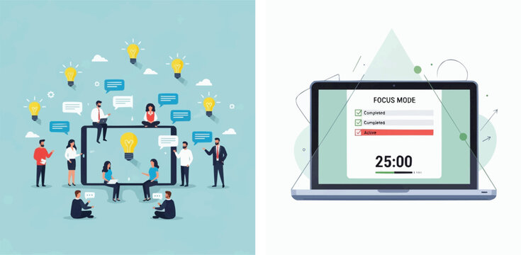 People using devices with ideas and focus mode on screen  technology and communication