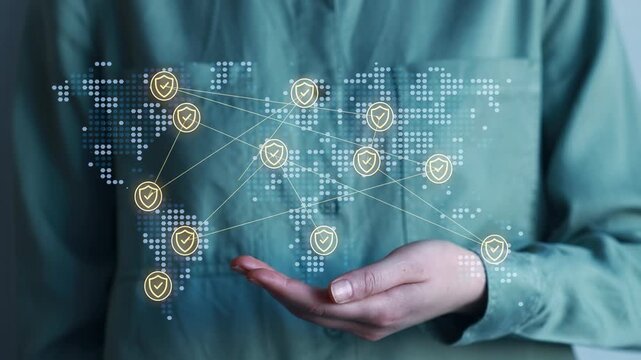 Virtual security network connecting global regions with symbols of protection and safety in real-time.