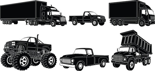 Truck and pickup silhouettes collection, transport vehicles set, cargo delivery trucks, monster truck, dump truck, logistics transportation illustration © MdShafe