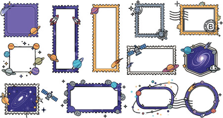 Space Themed Stamp Frames Vector Set with Planets Rockets Satellites and Galaxy Decorative Borders Cute Cosmic Frame Collection © MdSobuj