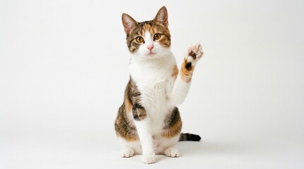 Calico cat sitting upright with one paw raised white background orange brown black patches curious expression studio lighting © Abbas