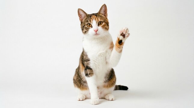 Calico cat sitting upright with one paw raised white background orange brown black patches curious expression studio lighting