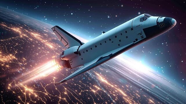 Space exploration commercial ventures. Space innovation. Orbital infrastructure. Aerospace economy. Space shuttle launching into orbit above Earth at night