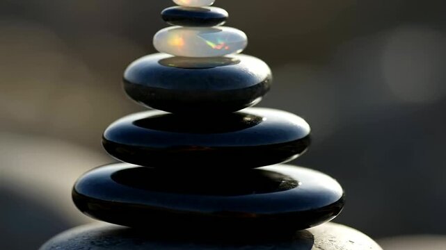 The concept of Sustainable finance reporting is visually represented by the balanced stack of polished black stones and a vibrant iridescent opal, symbolizing stability and value.