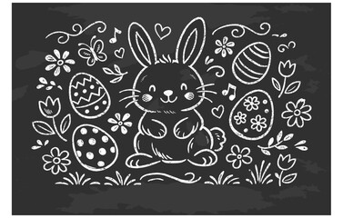 Obraz premium Cute easter bunny with decorated eggs and flowers on chalkboard