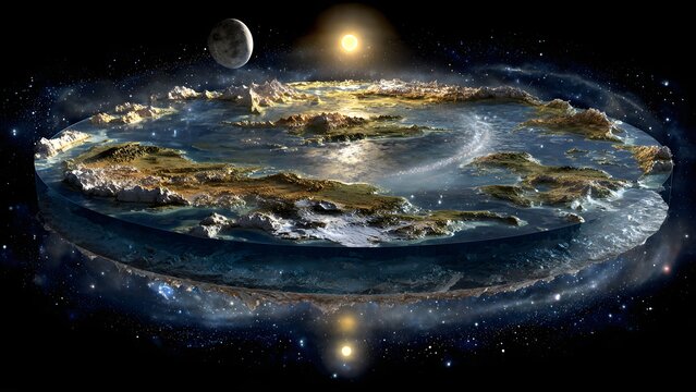 cosmic flat earth disc with vibrant blue oceans and illuminated cities under a celestial sky