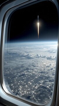 Space exploration commercial ventures. Space innovation. Orbital infrastructure. Aerospace economy. View of a rocket launching into space through an aircraft window