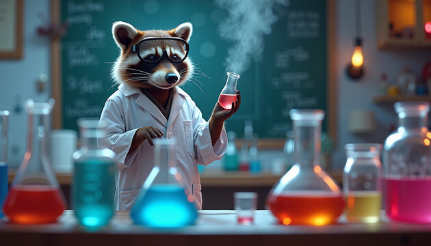 Cartoon raccoon wearing lab coat mixing chemicals in laboratory  