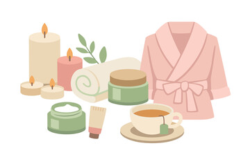 Fototapeta premium Spa wellness essentials: aromatherapy candles, skincare cream, herbal tea, plush robe, towels