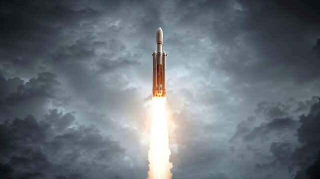 Space exploration commercial ventures. Space innovation. Orbital infrastructure. Aerospace economy. Rocket launching with flames and smoke under a dramatic cloudy sky