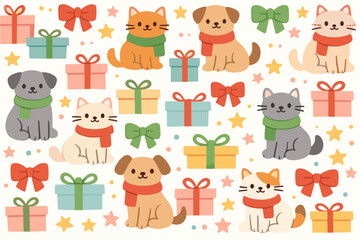 Fototapeta premium Cute festive cats and dogs with scarves among colorful gifts and stars