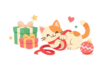 Naklejka premium Playful cartoon cat with gifts and holiday decorations