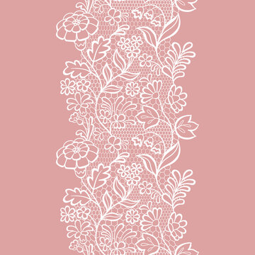 White vintage trim on pink background. Wedding white lace border. Seamless Trim Design