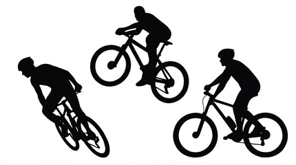 Obraz premium Silhouette of three cyclists riding bicycles in different positions on white background