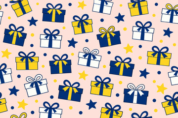 Obraz premium Colorful gift boxes and stars pattern on pink background