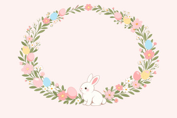 Obraz premium Easter wreath with cute bunny and colorful eggs in floral circle