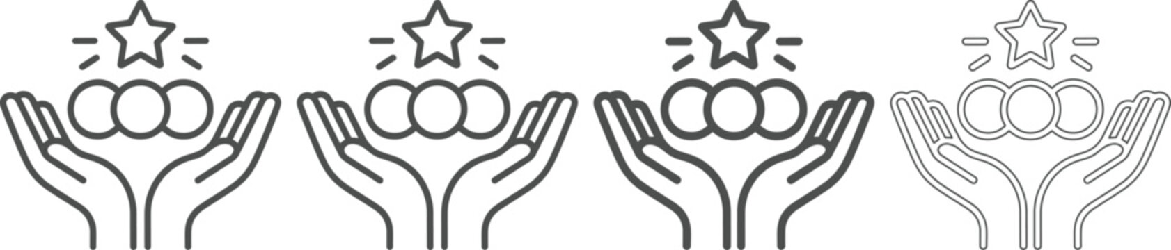 Line drawing of hands holding up ratings with stars above them in a row  various line styles