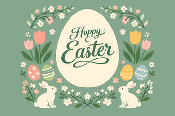 Obraz premium Happy easter design with eggs, bunnies, and floral decorations