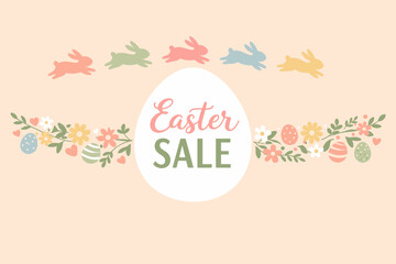 Obraz premium Easter sale banner with colorful bunnies and floral decorations