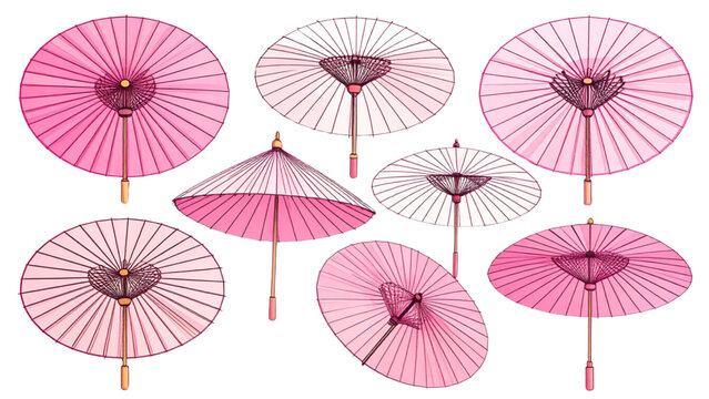Set of Minimalist Japanese Paper Umbrellas Line Art with Pink Color Accent, Hand Drawn Asian Culture Illustration