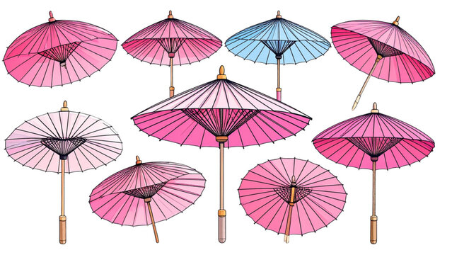 Set of Minimalist Japanese Paper Umbrellas Line Art with Pink Color Accent, Hand Drawn Asian Culture Illustration