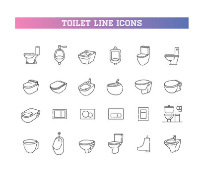 Toilet and Bathroom Sanitary Line Icons Set