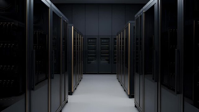 Modern Server Room With Rows of Racks and Blinking Lights, Data Center Technology