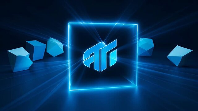 Futuristic Technology Logo with Glowing Blue Frame and Geometric Shapes in the Background