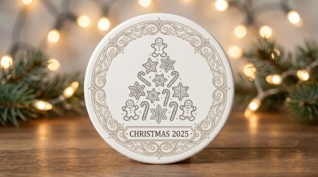 coaster illustration template in ornamental style featuring christmas cookies arranged in the shape of a tree for christmas 2025 illustration template