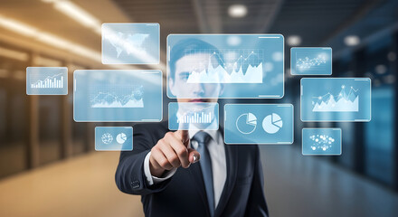 Fototapeta premium Corporate analyst interacting with virtual holographic dashboard showing financial statistics
