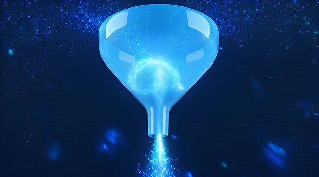 Futuristic blue funnel with particles and light in a dark environment