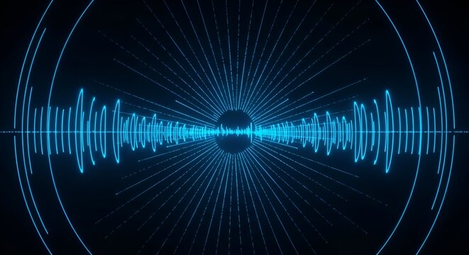 Abstract Blue Audio Waveform with Radial Lines on Dark Background