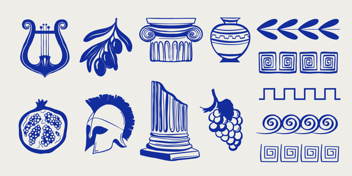 Hand drawn mediterranean Greece set with bohemian silhouette, antique helmet and decorative ornaments. Vector illustration.