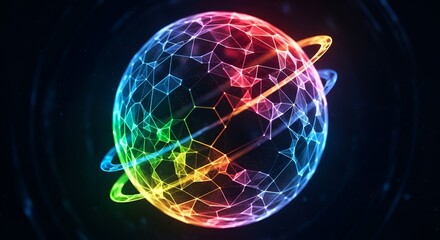 Naklejka premium Abstract glowing sphere with network grid and rings in rainbow colors on dark background