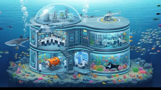 Underwater Research Facility with Marine Life and Submarine Exploration.