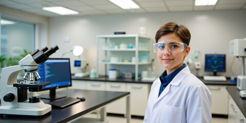 Fototapeta premium Scientist wearing safety glasses working in modern laboratory