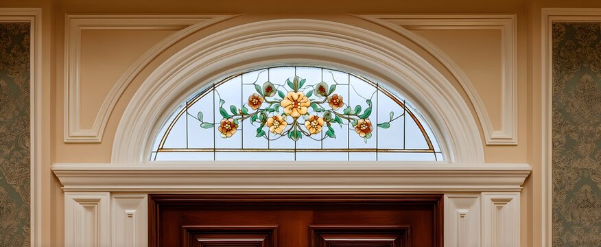 The transom window with fancy glass design sits right above the door frame.
