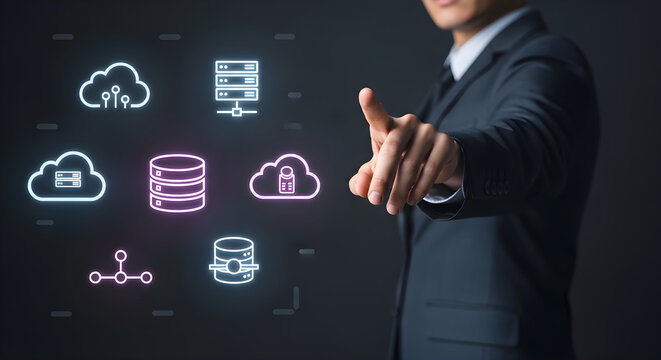 Man pointing at glowing digital network cloud data servers and storage icons
