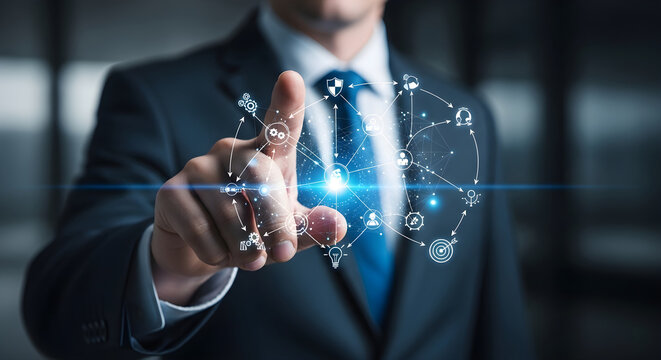 Man pointing finger at complex digital network map showing global communication connections