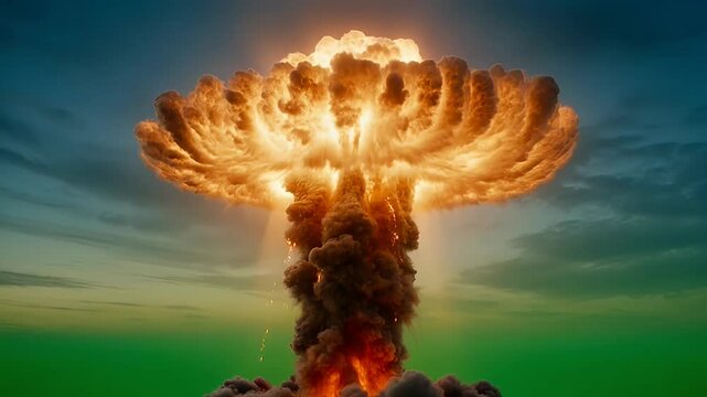 Dramatic mushroom cloud explosion with fire and smoke against the colorful sky