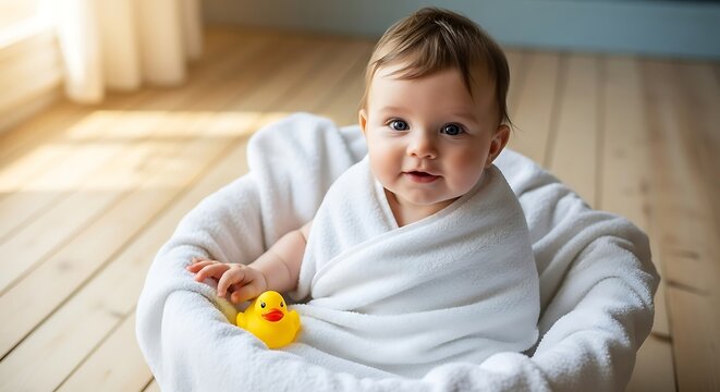 Adorable infant wrapped in a soft white towel sits in a basket beside a rubber bath toy