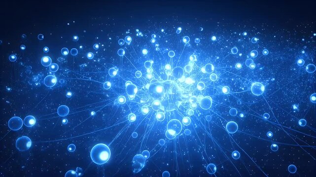 Abstract blue network of connected spheres with glowing links radiating outwards
