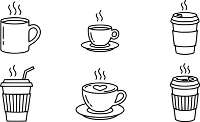 Obraz premium Set of minimal black line illustrations of coffee cups with steam in a simple outline style. Clean modern vector icons inspired by café and beverage themes. Minimalist line art design isolated on a wh